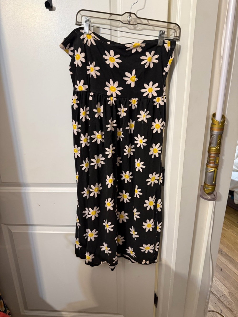 Black Strapless Dress with White & Yellow Daisy Print